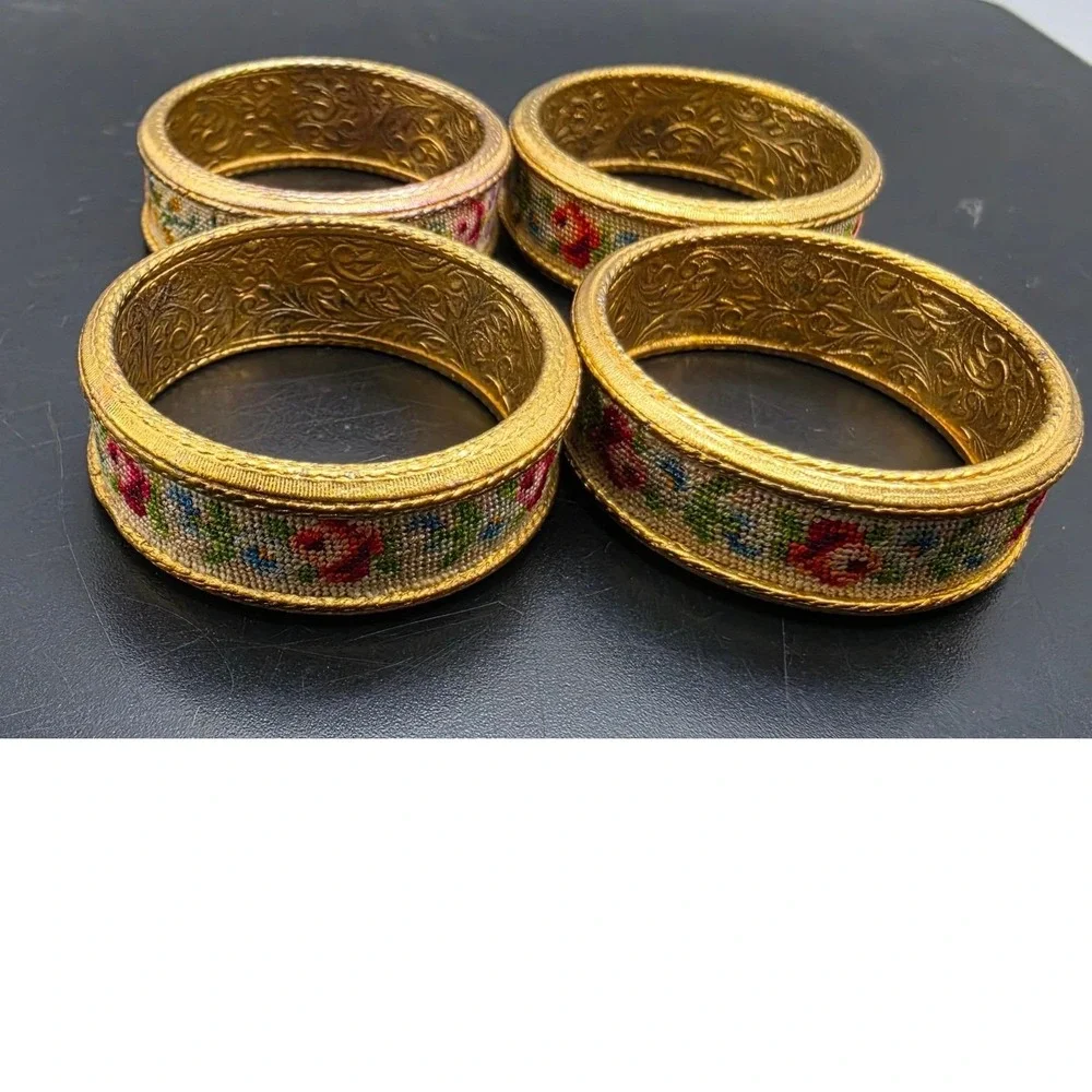 Vintage Petit Point Floral Napkin Rings Set of 4 Gold Tone Engraved Metal Rose